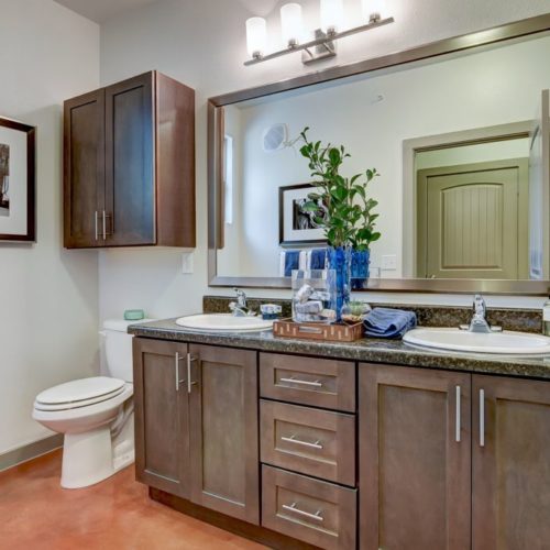 Model apartment bathroom with large framed mirror and wooden cabinetry