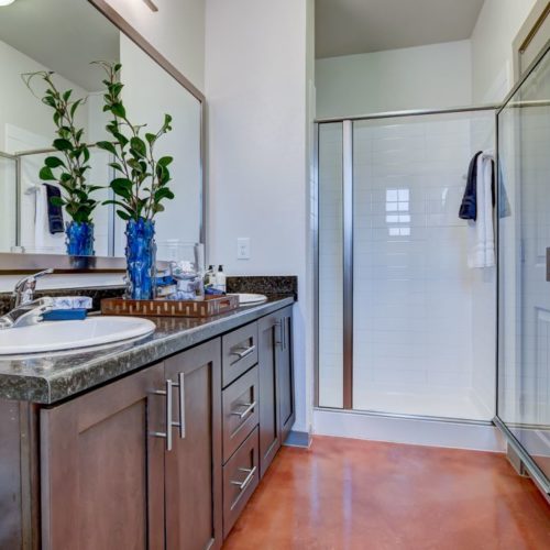 Model apartment bathroom with walk-in glass shower