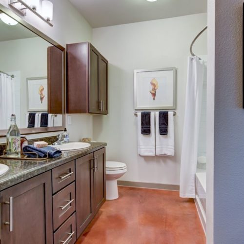 Model apartment bathroom with wooden cabinetry and bath tub with shower