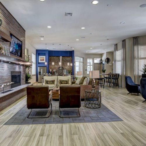 Clubhouse interior with couches, fireplace, kitchen, and TV