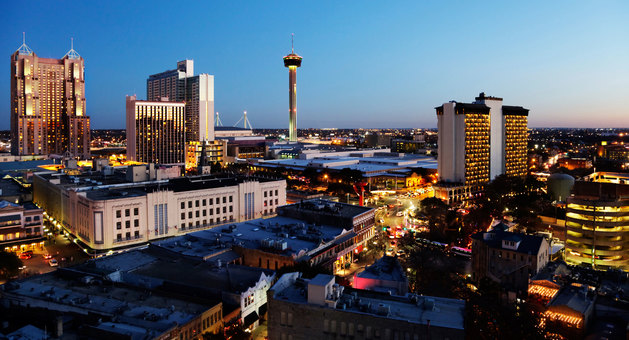 Nightime photo of downtown San Antonio with view of UT San Antonio